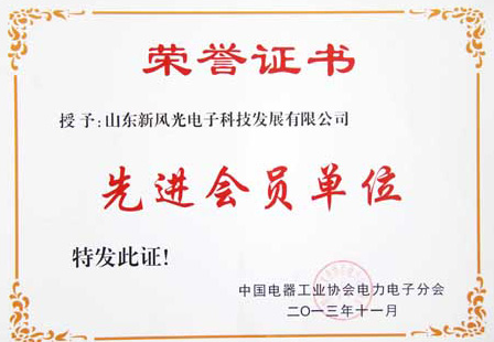 九洲国际电子公司荣获中国电器工业协会电力电子分会“先进